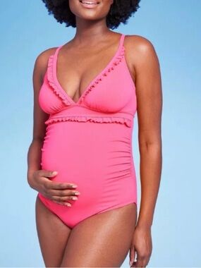 Ruffle Neck One Piece Maternity Swimsuit - Isabel Maternity Pink Size Medium NWT